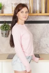 Anastasia Barbi Captivating Cutie Lets Her Bun-hugging Shorts Drop And Perches On The Kitchen Counter